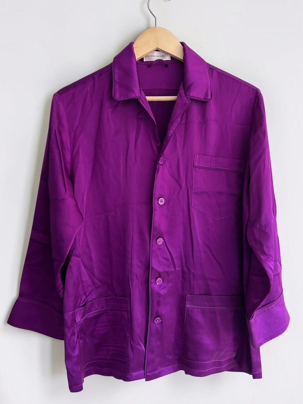 Olivia Von Halle Purple 100% Silk Yves Pajama Top XS Luxury Sleepwear